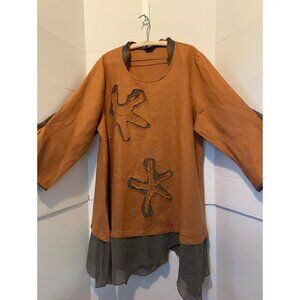 Peacock Ways Linen Blend Tunic Dress Orange Boho Artsy Asymmetrical Hem Embroide